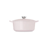 Side profile of Le Creuset Shallot square casserole with lid and stainless steel knob.