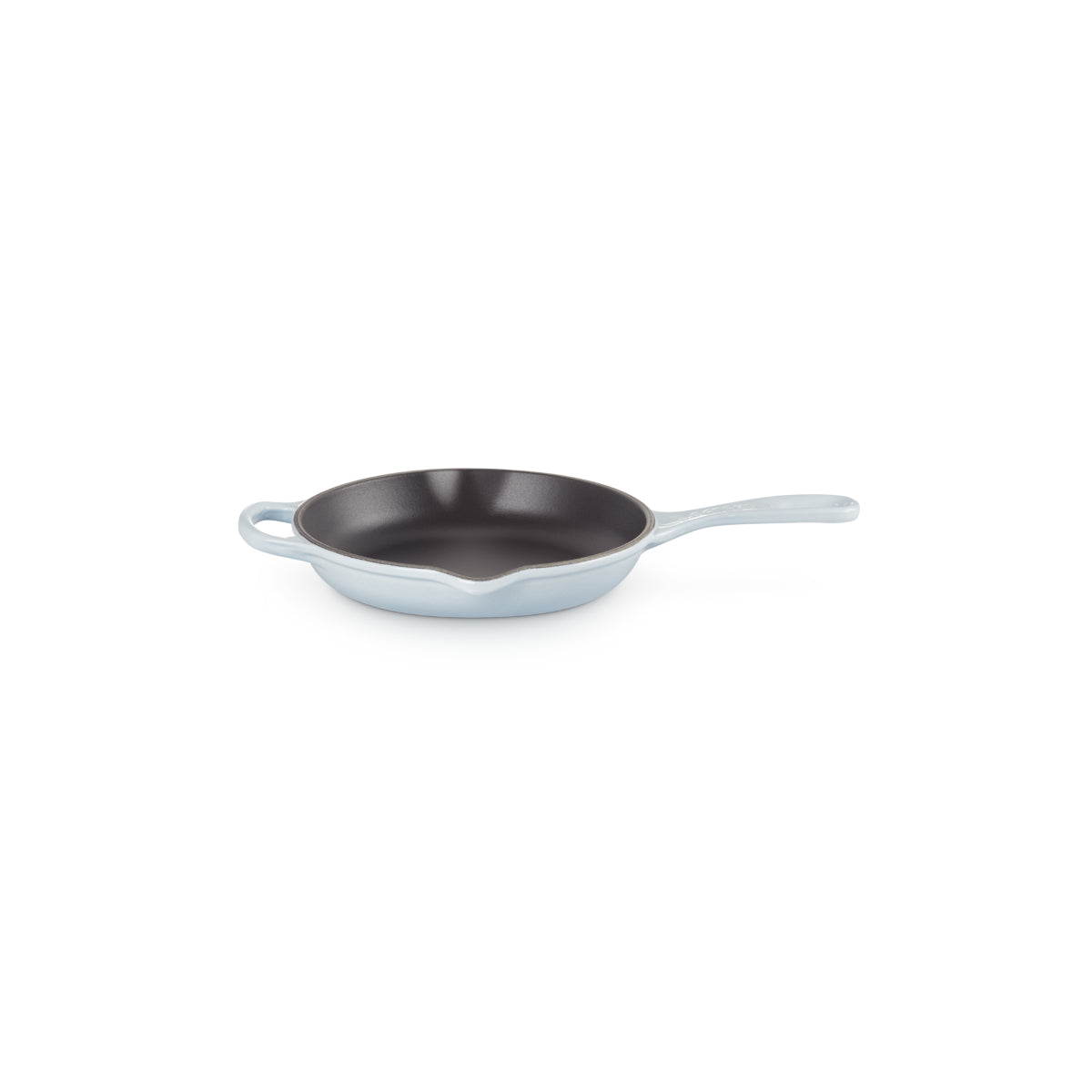 Le Creuset Signature Skillet 20cm Coastal Blue cast iron frying pan with black enamel interior and helper handle