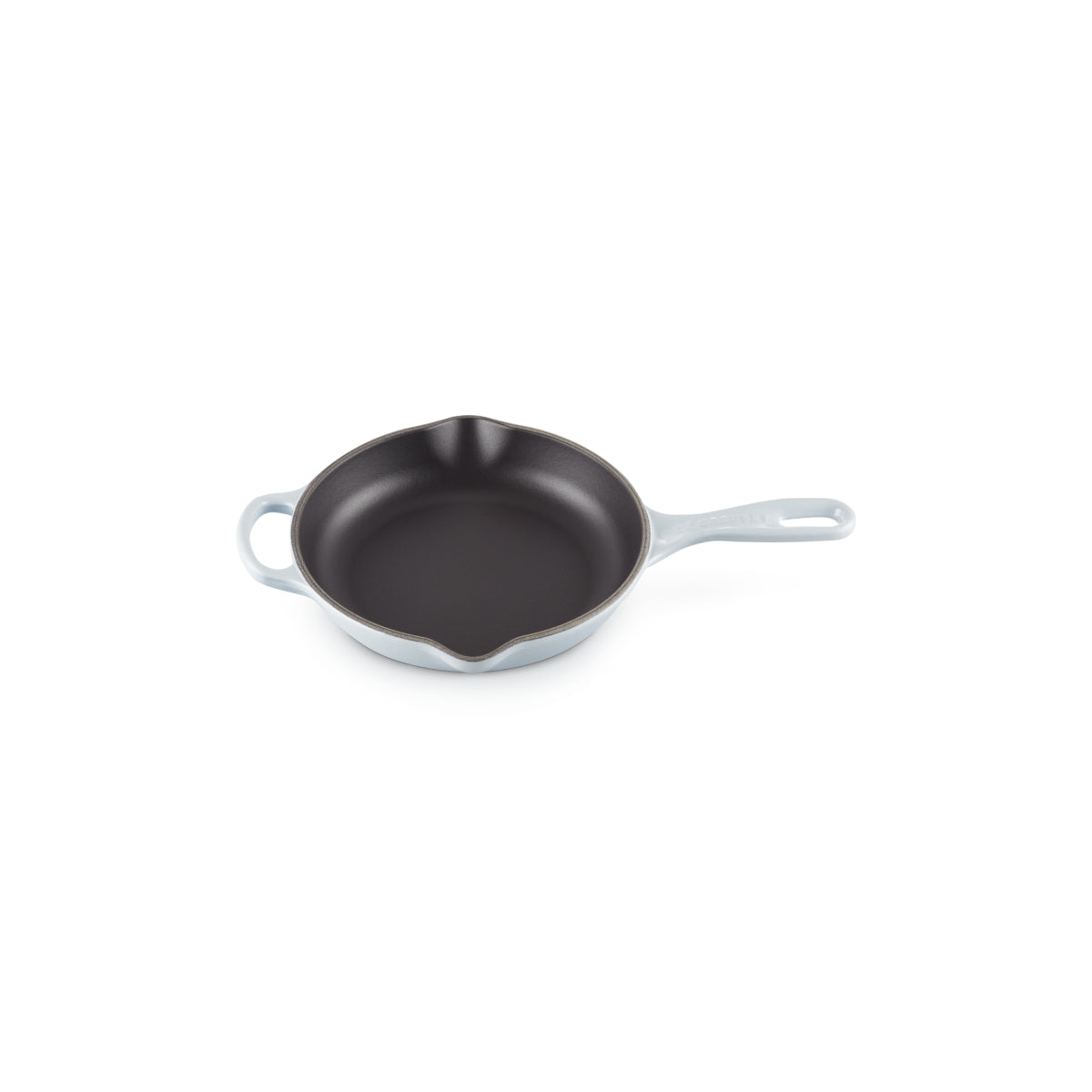 Le Creuset Signature Skillet 20cm Coastal Blue cast iron frying pan with black enamel interior and helper handle