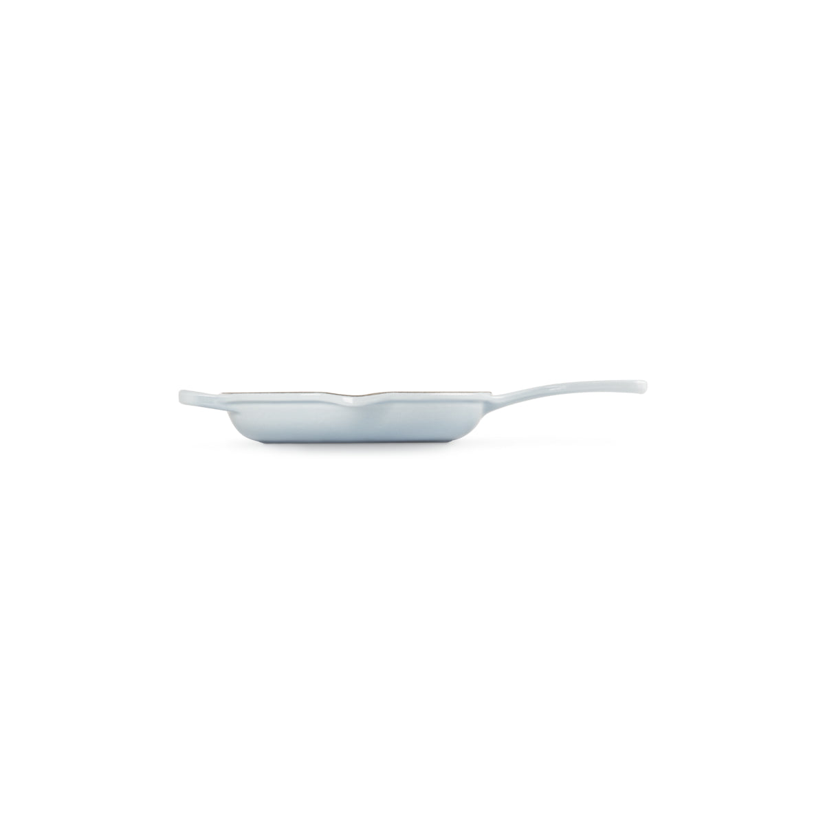 Le Creuset Signature Skillet 20cm Coastal Blue cast iron frying pan with black enamel interior and helper handle