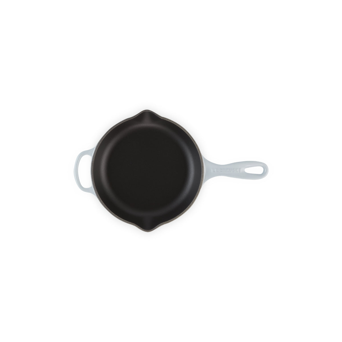 Le Creuset Signature Skillet 20cm Coastal Blue cast iron frying pan with black enamel interior and helper handle