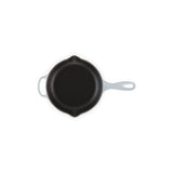 Le Creuset Signature Skillet 20cm Coastal Blue cast iron frying pan with black enamel interior and helper handle