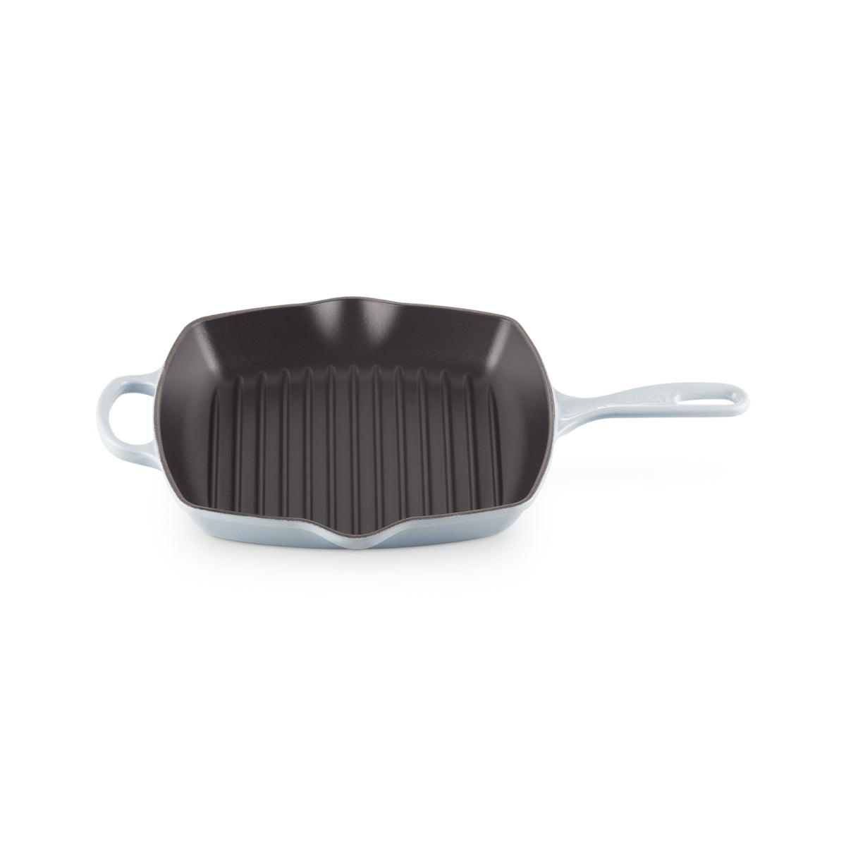 Le Creuset Signature Square Grillit 26cm Coastal Blue cast iron grill pan with black enamel interior and dual pour spouts