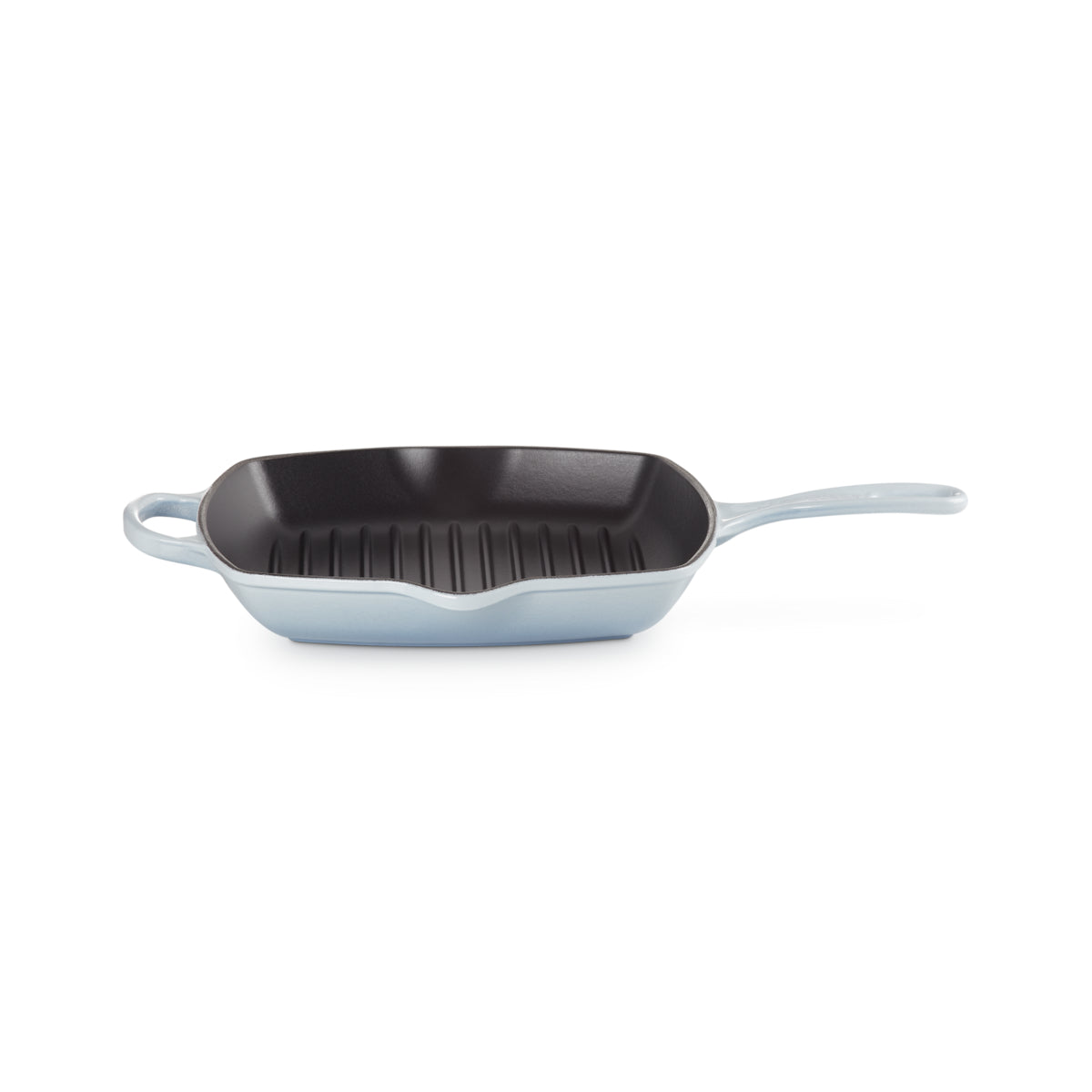 Le Creuset Signature Square Grillit 26cm Coastal Blue cast iron grill pan with black enamel interior and dual pour spouts