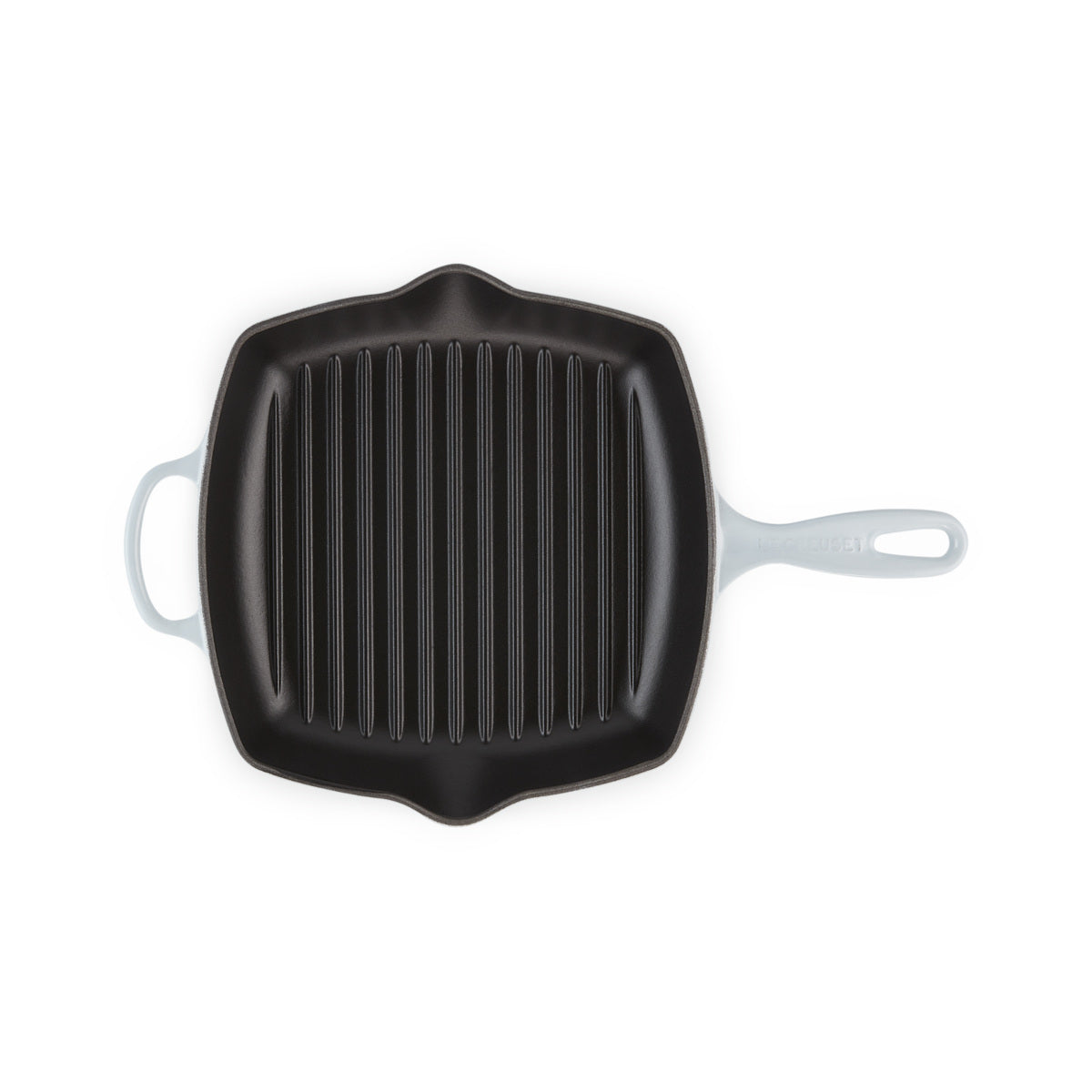 Le Creuset Signature Square Grillit 26cm Coastal Blue cast iron grill pan with black enamel interior and dual pour spouts