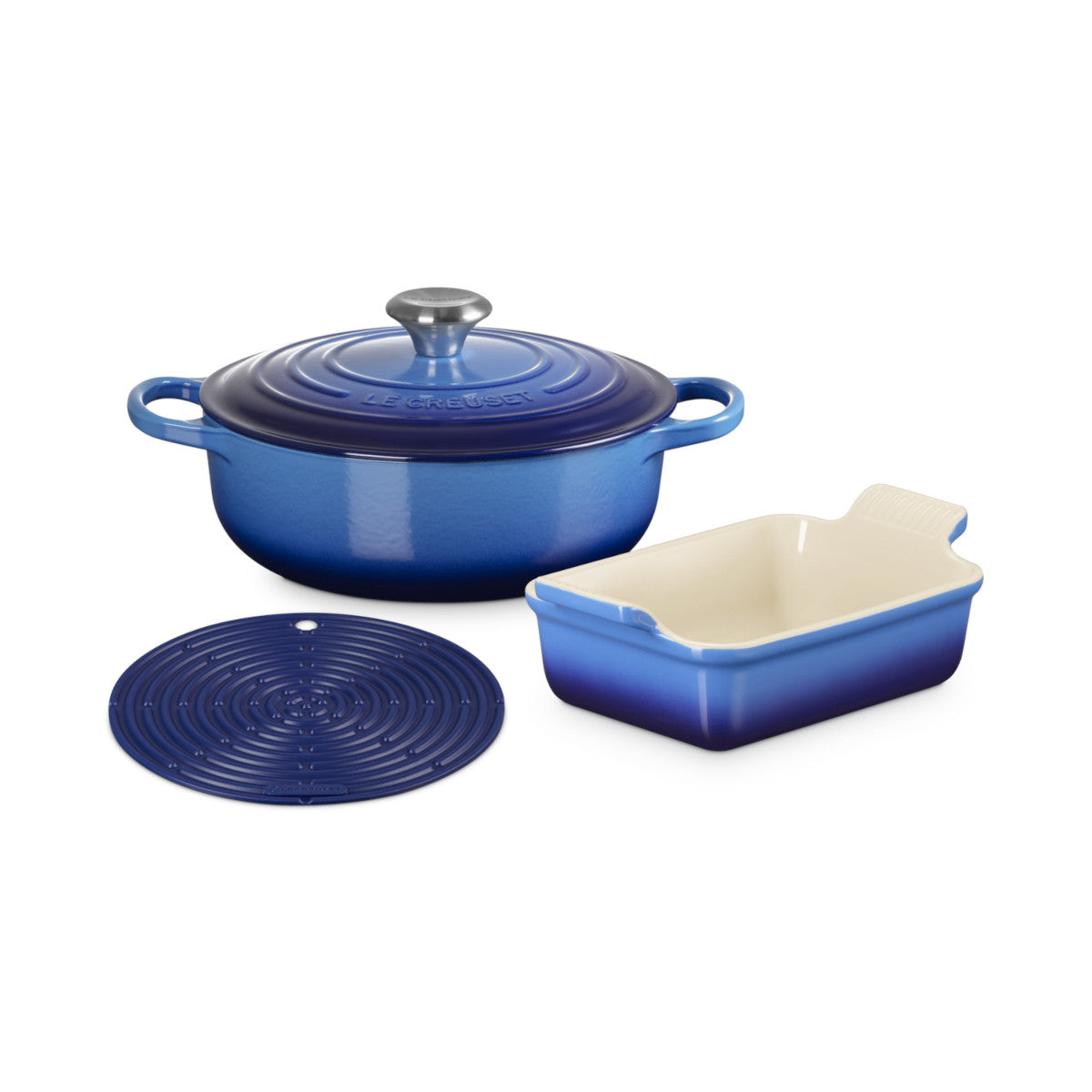 Le Creuset Starter Set Azure 3 Piece including round casserole, baking dish, and silicone trivet