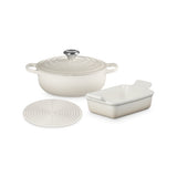 Le Creuset Starter Set Meringue 3 Piece – premium cookware set in soft cream tone including casserole, baking dish, and silicone trivet.