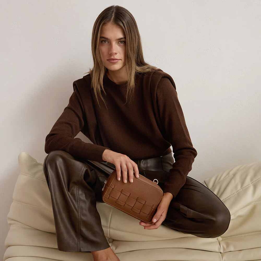 ELMS and KING London Weave Base Crossbody Tan Saffiano | Minimax