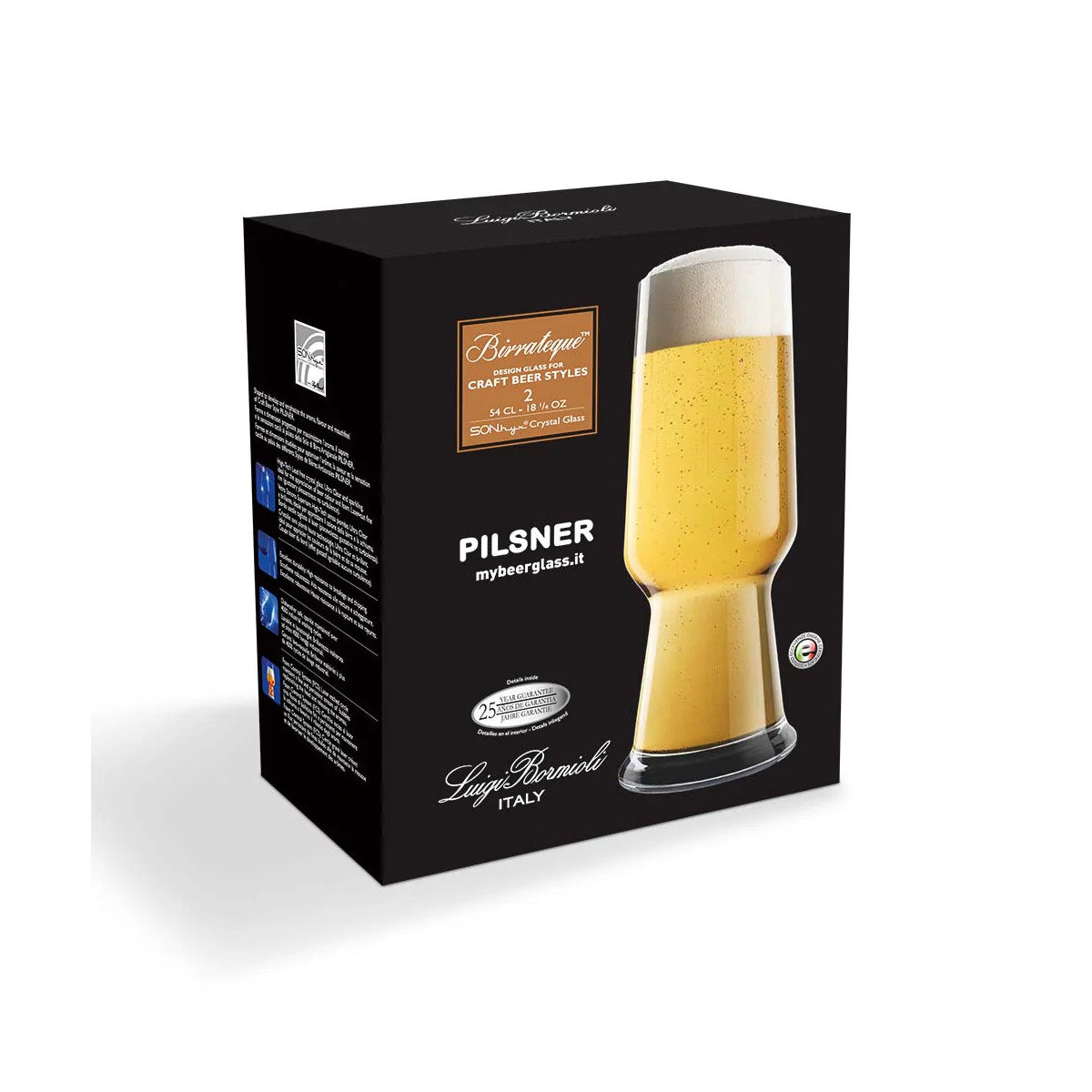 Luigi Bormioli Birrateque Pilsner Glasses 540ml – retail box packaging with Pilsner design