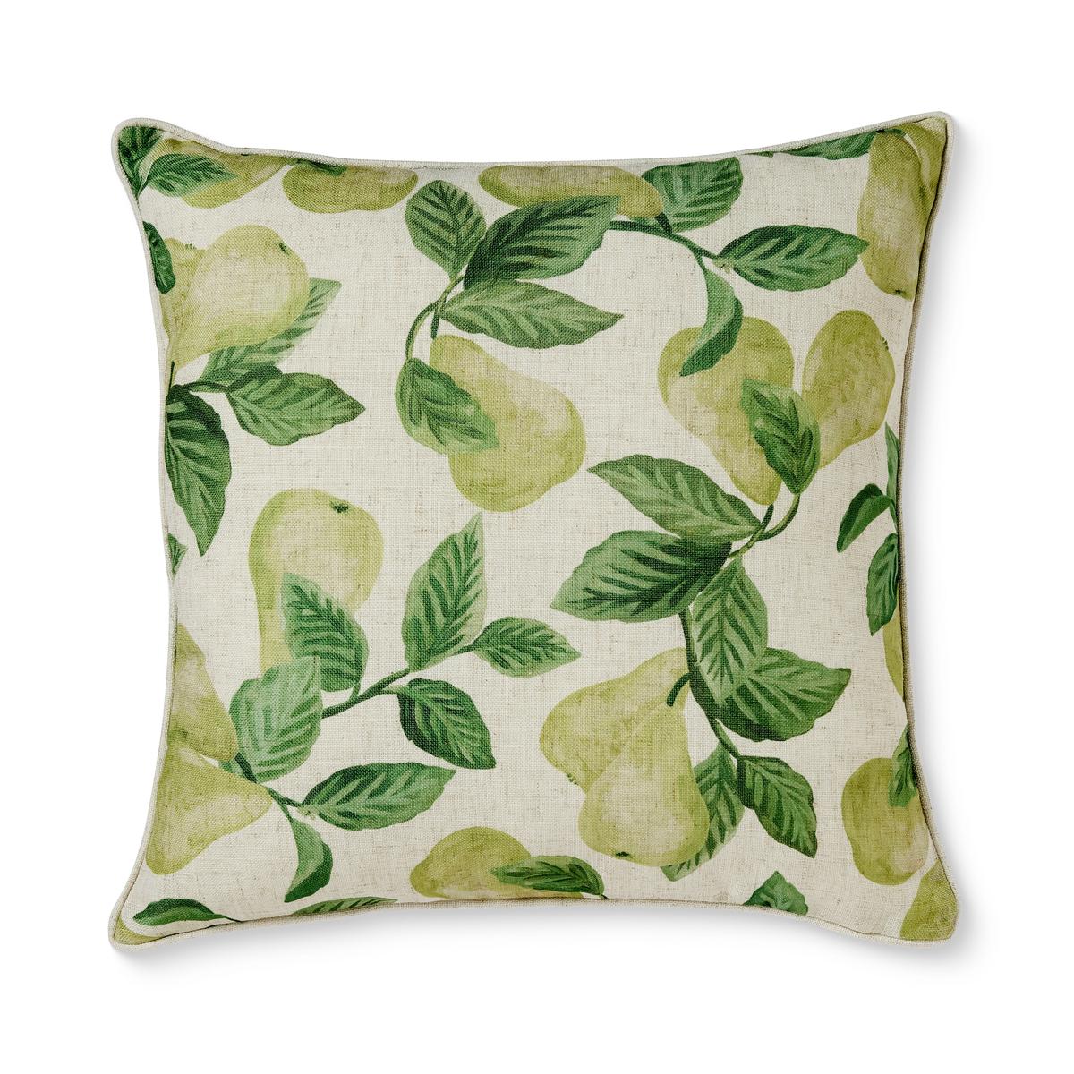 Madras Link Pear Tree Green Poly/Linen Cushion 50cm – decorative square cushion with pear fruit and leaf print, perfect for home styling