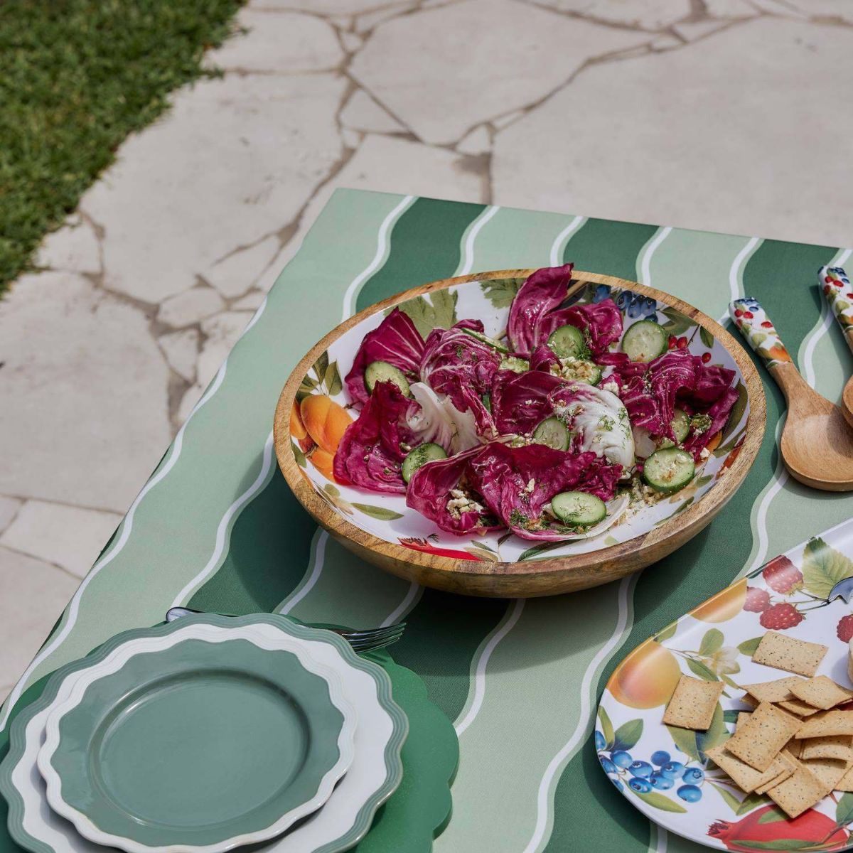 Madras Link Kit Greens Wavy Stripe Alfresco Tablecloth 14