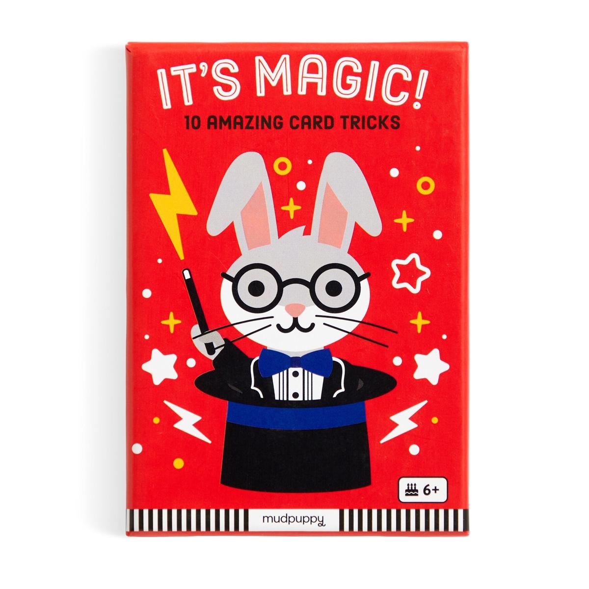 Mudpuppy It’s Magic! Playing Card Tricks set featuring red box with magician bunny artwork