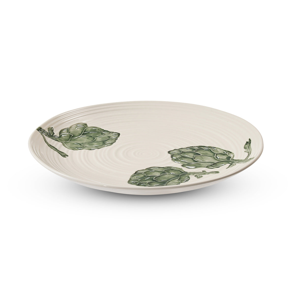 Madras Link Artichoke Platter Round 36cm, angled view of round platter with green artichoke design on white background