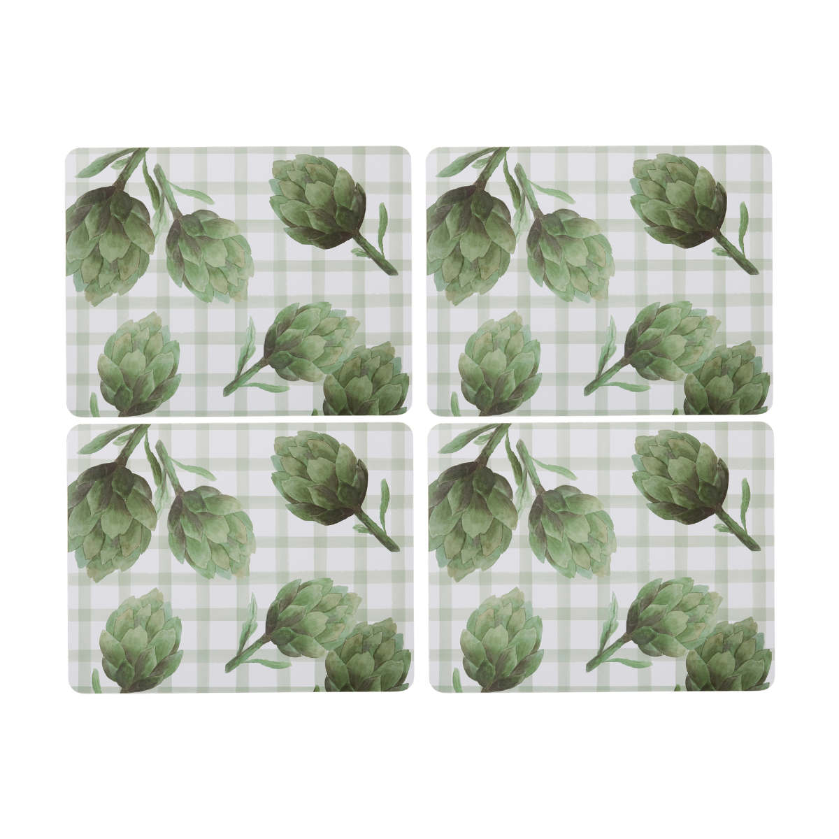 Madras Link Artichoke Rectangle Placemat Set of 4, top view of four rectangular placemats with green artichoke pattern on check background