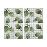 Madras Link Artichoke Rectangle Placemat Set of 4, top view of four rectangular placemats with green artichoke pattern on check background
