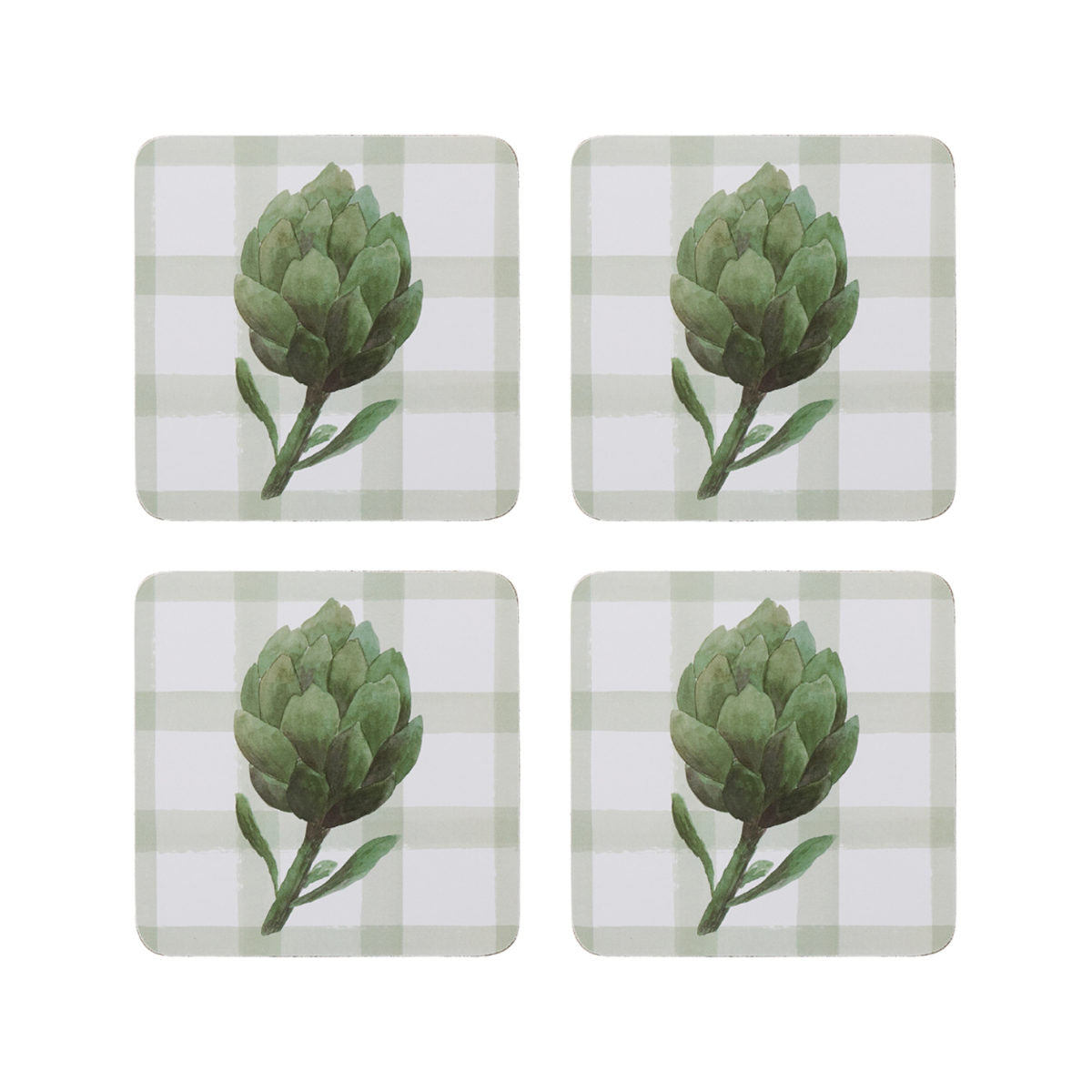 Madras Link Artichoke Square Coaster Set of 4, top view of four square coasters with green artichoke design on check background