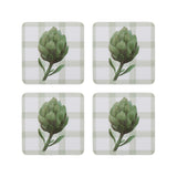 Madras Link Artichoke Square Coaster Set of 4, top view of four square coasters with green artichoke design on check background