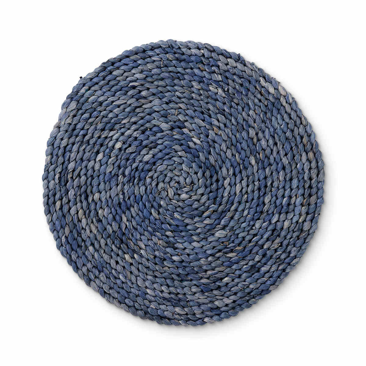 Madras Link Braid Maize Placemat Dark Blue 33cm, top view of round braided placemat in dark blue on white background