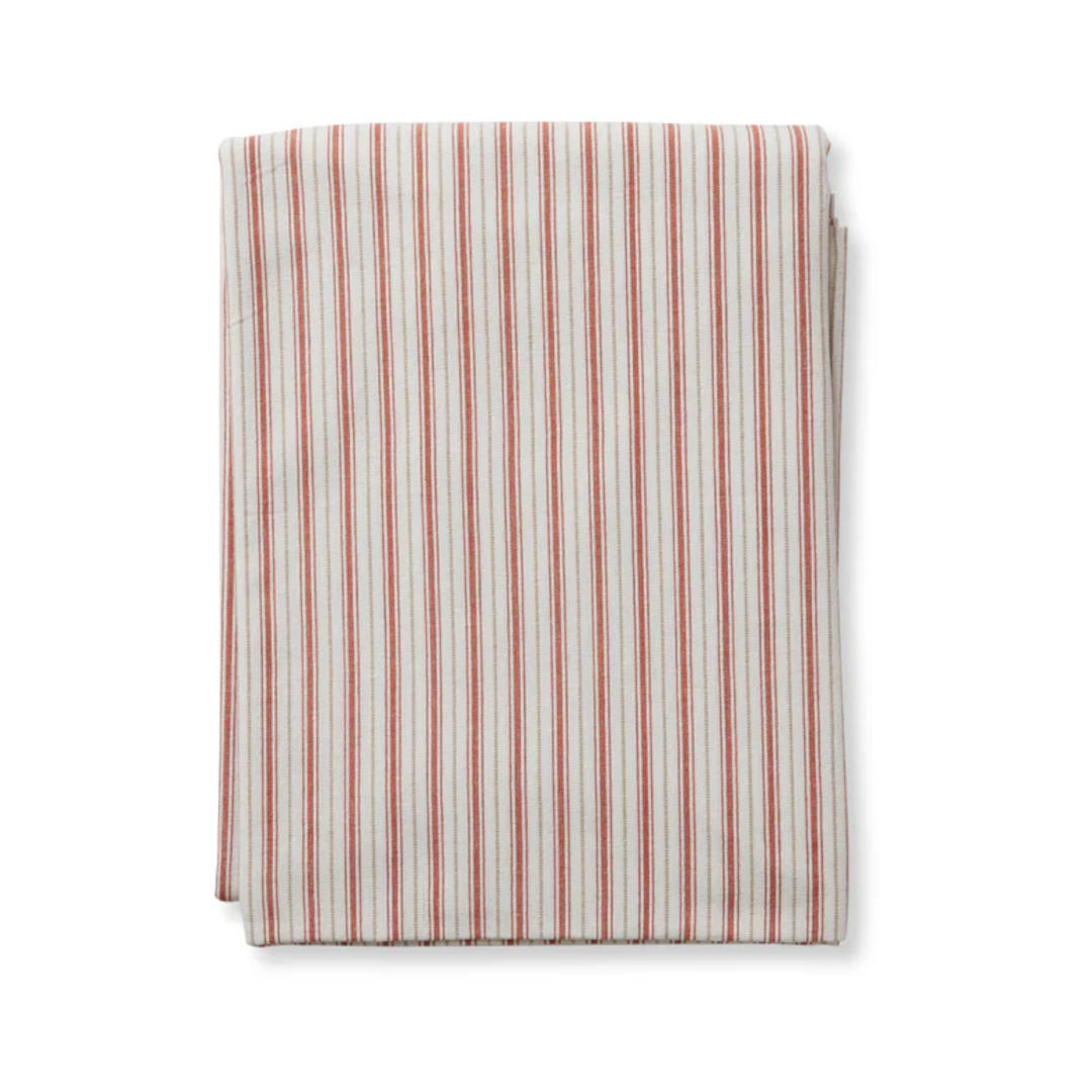 Madras Link Carol Red Stripe Tablecloth 150 x 230cm, top view of folded tablecloth with red stripe pattern