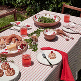 Madras Link Carol Red Stripe Tablecloth 150 x 230cm, top view of folded tablecloth with red stripe pattern