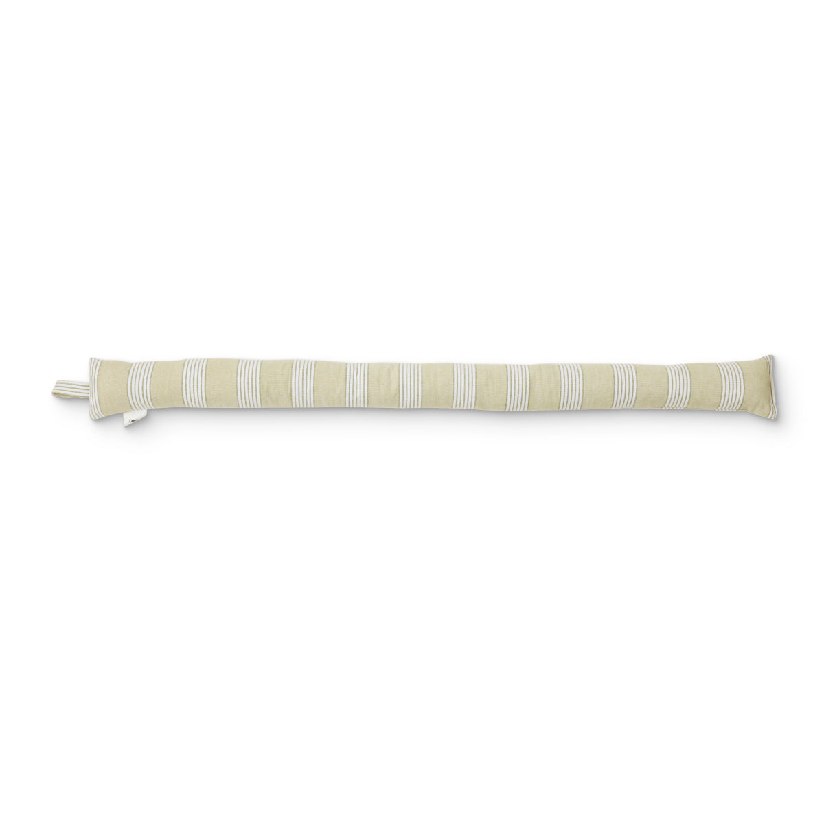 Madras Link Catania Draught Stopper Green Stripe, front view of long fabric draught stopper with green stripe pattern on white background