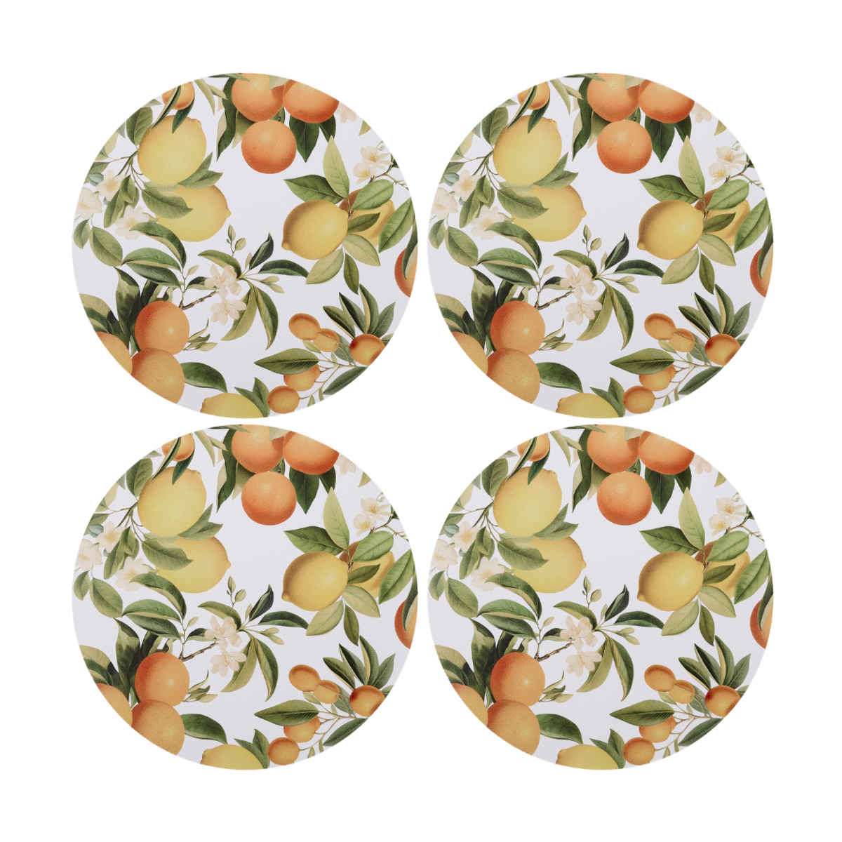 Madras Link Citrus Grove Round Placemat Set of 4, top view of four round placemats with citrus fruit and leaf pattern on white background
