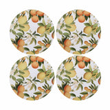 Madras Link Citrus Grove Round Placemat Set of 4, top view of four round placemats with citrus fruit and leaf pattern on white background