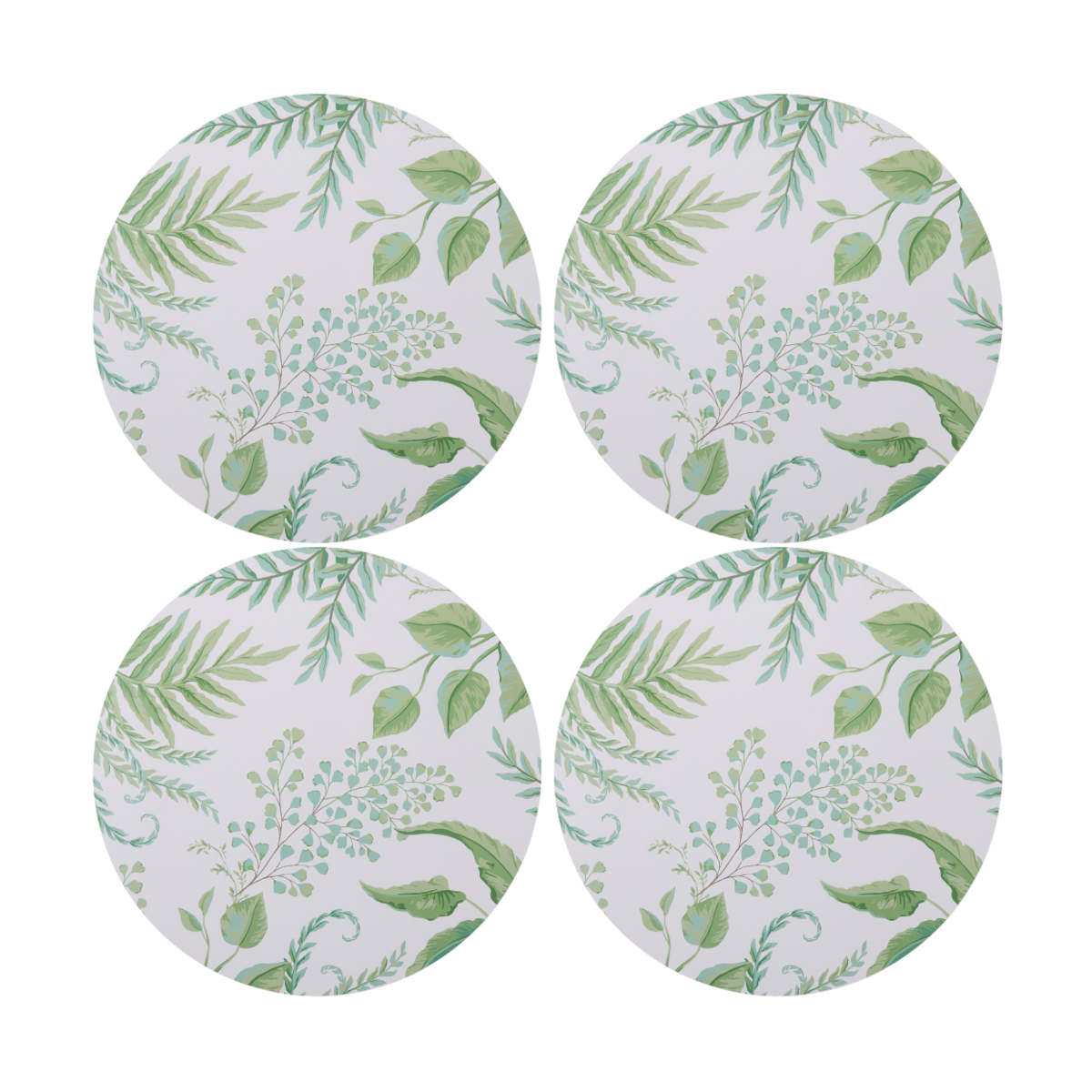 Madras Link Fern Round Placemat Set of 4, top view of four round placemats with green fern leaf pattern on white background