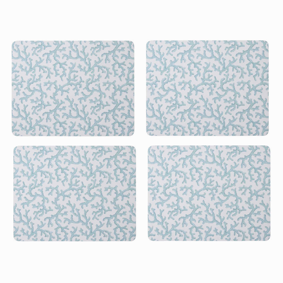 Madras Link Hayman Rectangle Placemat Coral Set of 4 - top view of rectangular placemats with light blue coral pattern on white background
