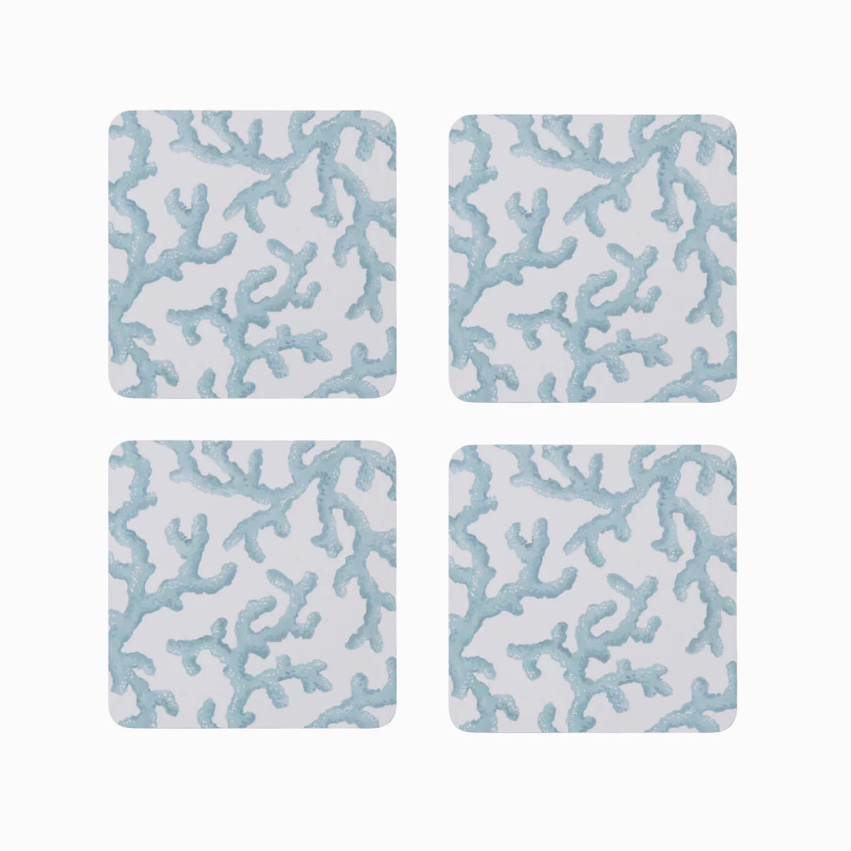 Madras Link Hayman Square Coaster Coral Set of 4 – Set of four square coasters with light blue coral pattern on white background