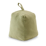 Madras Link Jetty Door Stop Matcha, angled view of soft cube fabric door stop in solid green with handle on white background