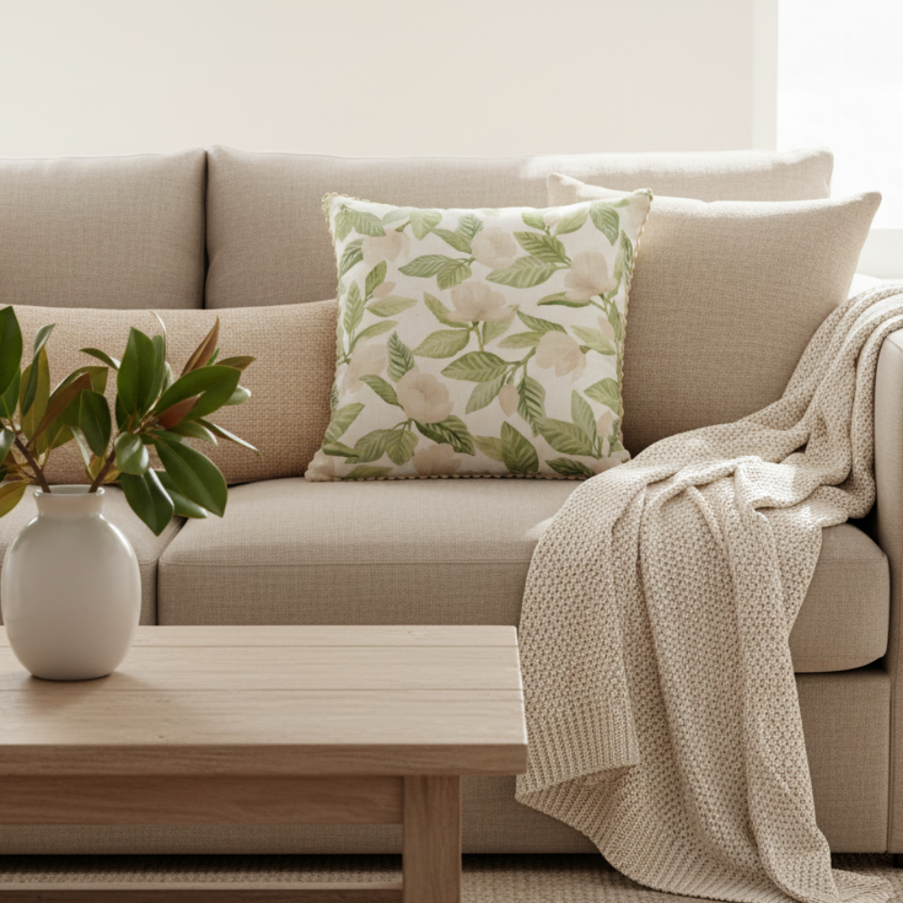 Madras Link Magnolia Tree Polyester Linen Cushion Green 50cm | Minimax