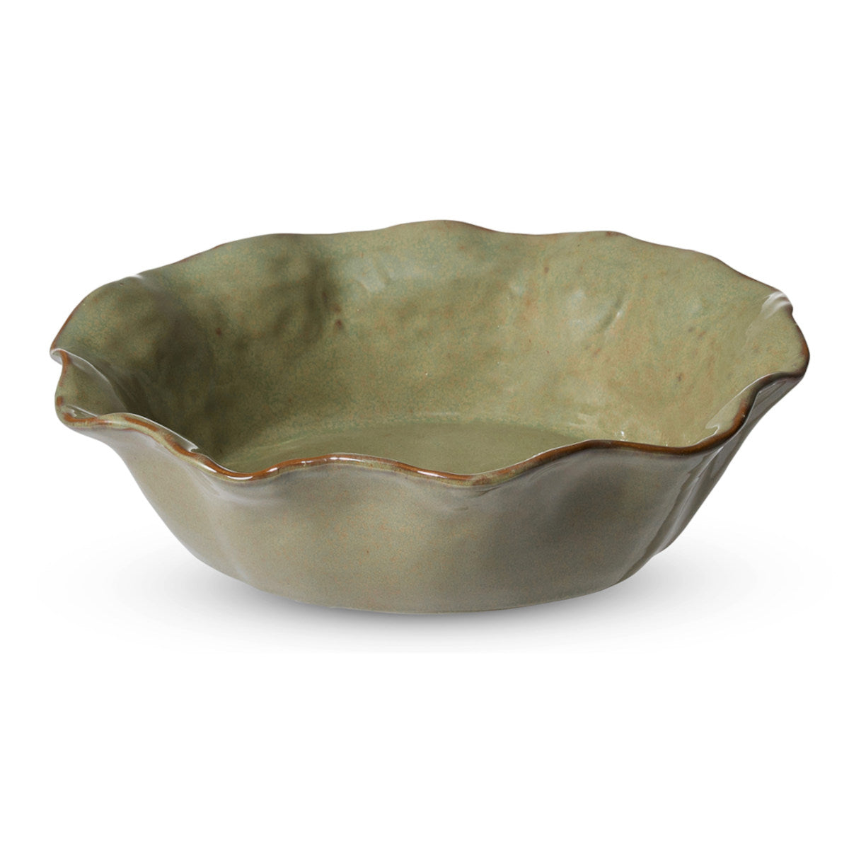 Madras Link Marseille Wavy Bowl Green 28cm, angled view of green ceramic bowl with wavy edges on white background