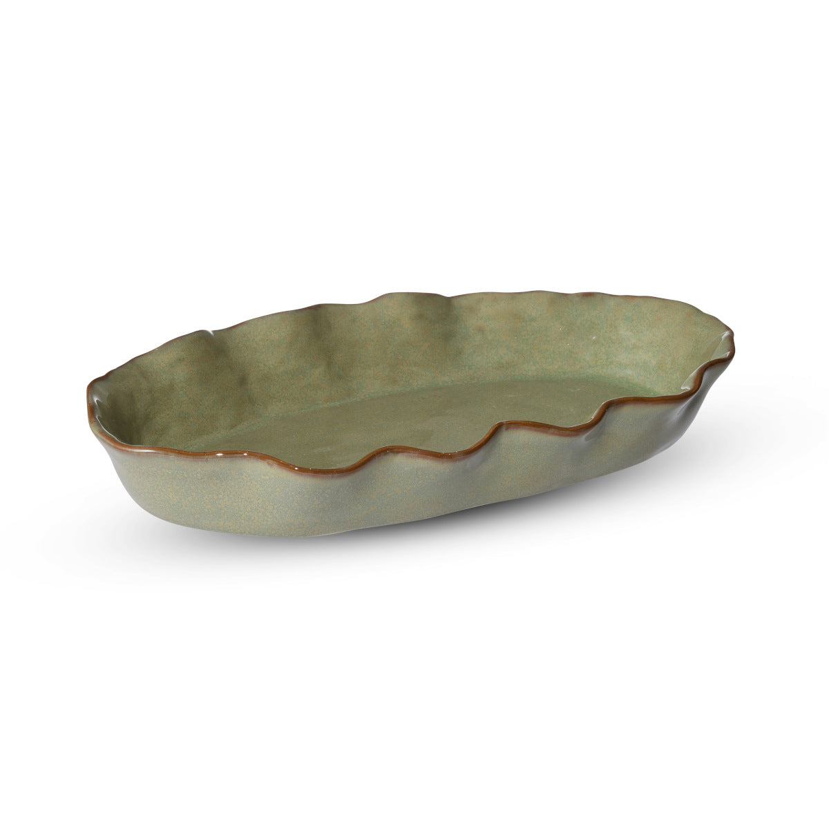Madras Link Marseille Wavy Oval Dish Green 39 x 21cm, angled view of green ceramic oval dish with wavy edges on white background