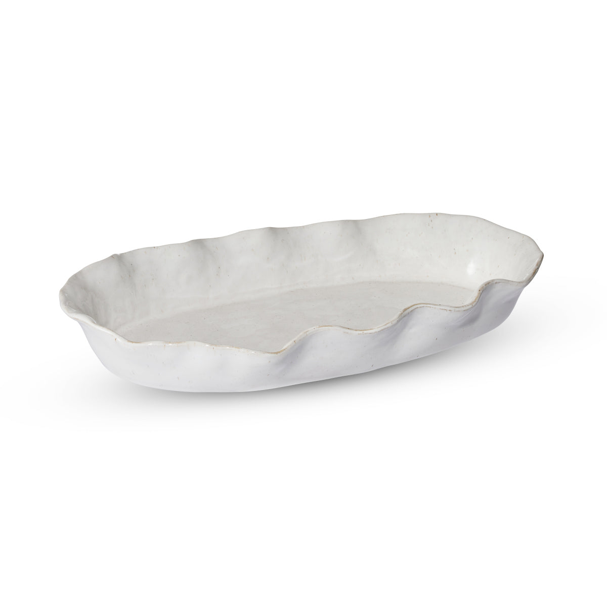 Madras Link Marseille Wavy Oval Dish Natural 39 x 21cm, angled view of natural ceramic oval dish with wavy edges on white background