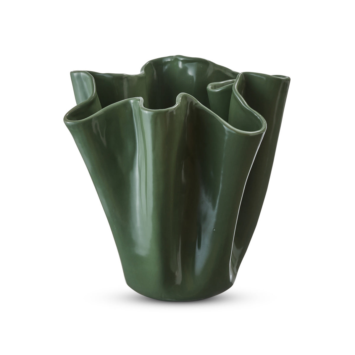 Madras Link Rippled Ceramic Vase Green 20cm, front view of glossy green ceramic vase with sculptural rippled edges on white background