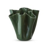 Madras Link Rippled Ceramic Vase Green 20cm, front view of glossy green ceramic vase with sculptural rippled edges on white background