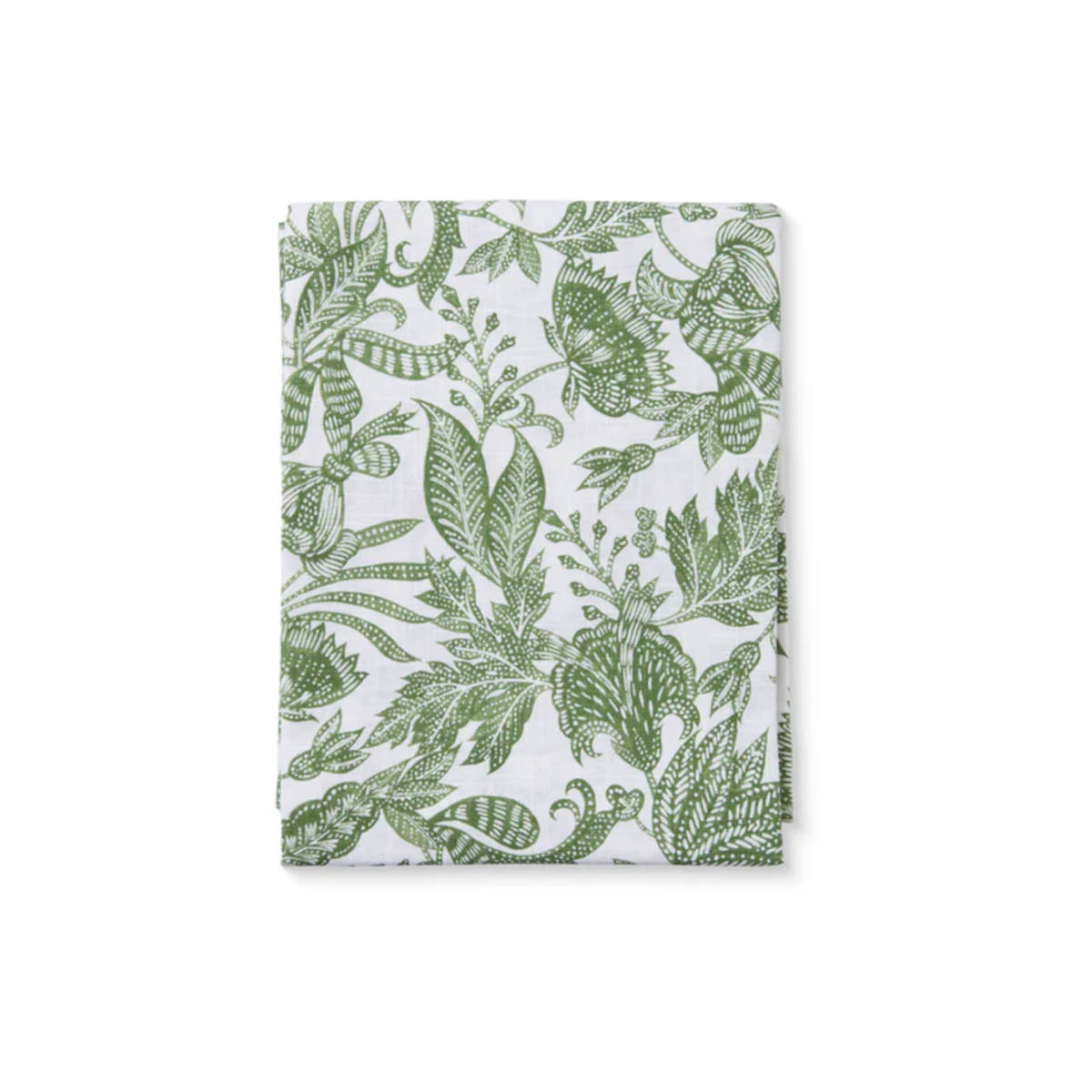 Madras Link Samara Tablecloth Green 150 x 230cm – folded green leafy patterned tablecloth on white background