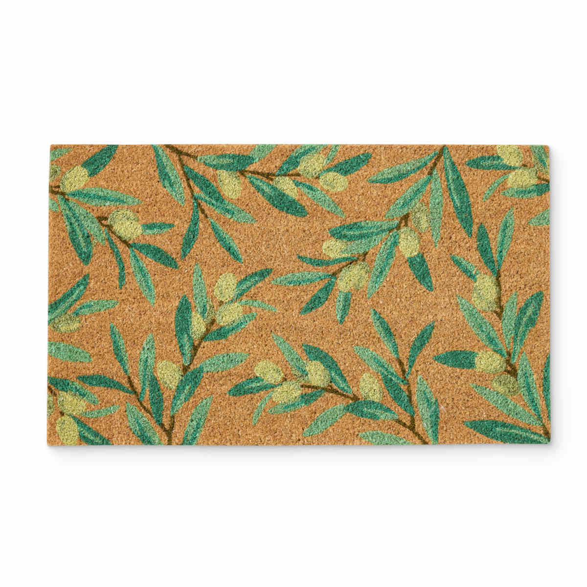 Madras Link Sicilian Olive Doormat 45 x 75cm, top view of rectangular coir doormat with olive branch pattern on natural background