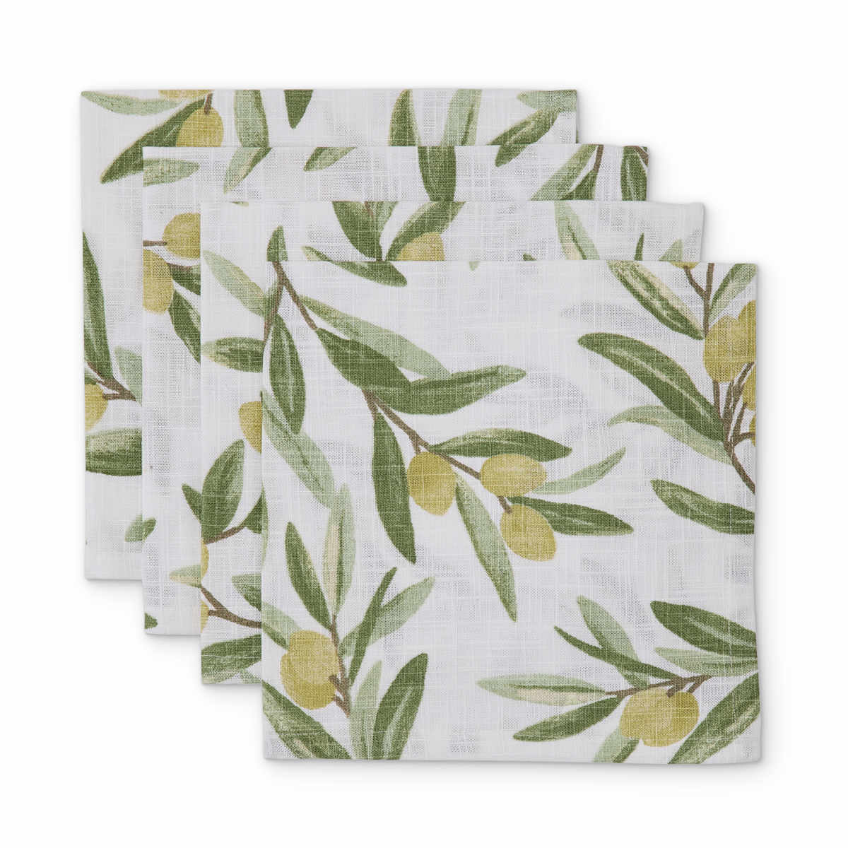 Madras Link Sicilian Olive Napkin Set of 4, top view of stacked fabric napkins with olive branch print on white background