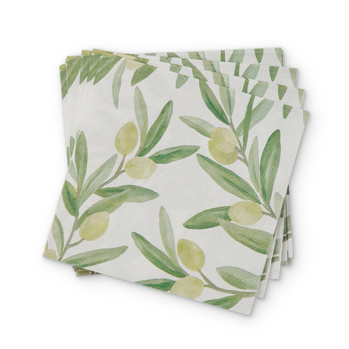 Madras Link Sicilian Olive Paper Napkin Pack of 20, top view of stacked napkins with olive branch print on white background