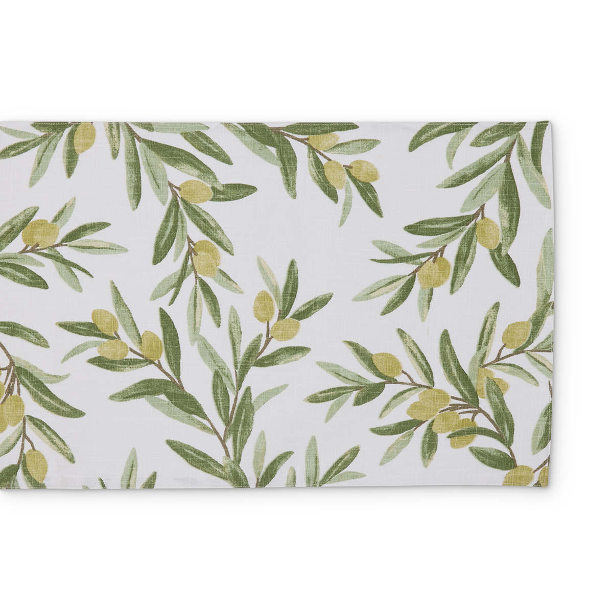 Madras Link Sicilian Olive Table Runner 35 x 200cm, top view of rectangular table runner with olive branch print on white background
