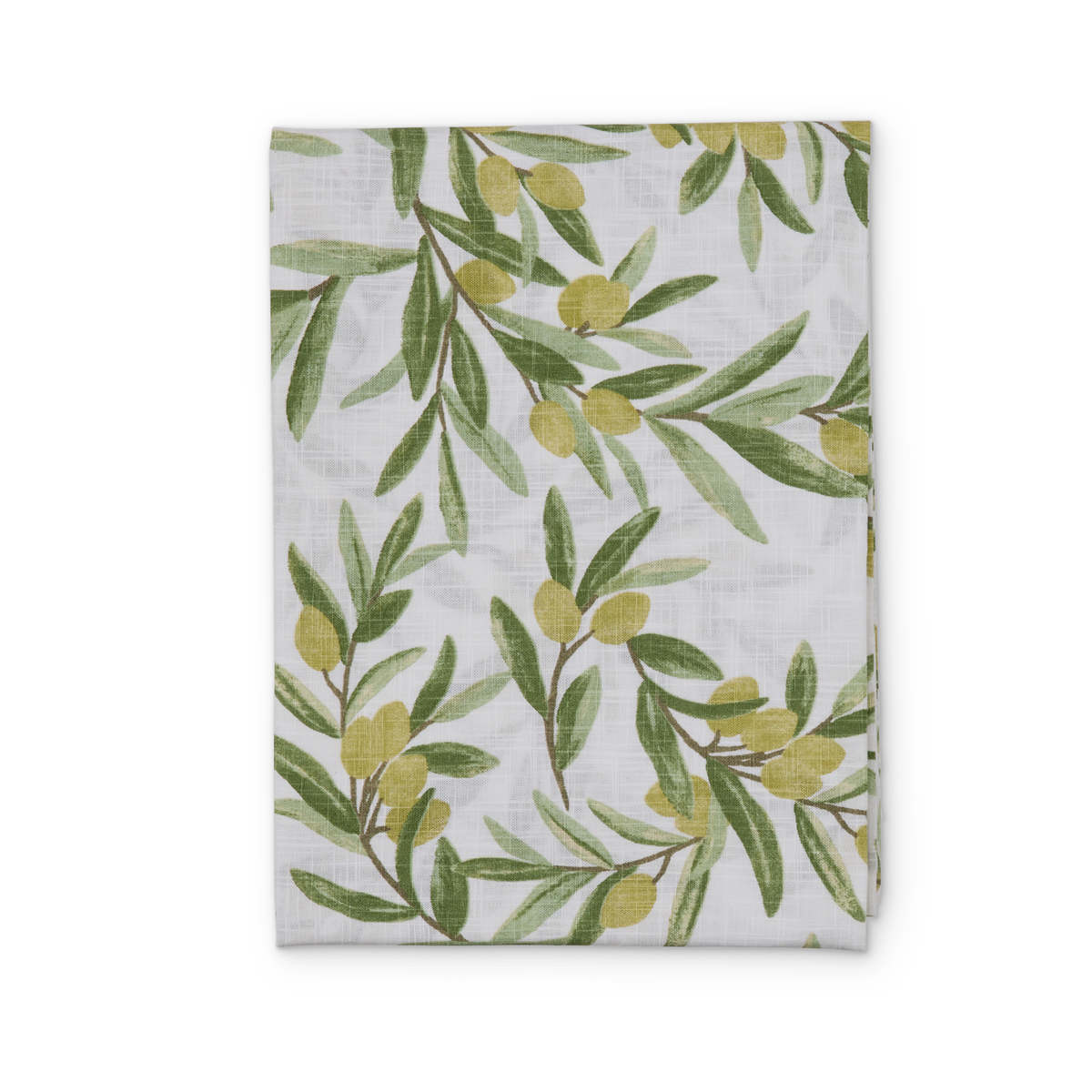 Madras Link Sicilian Olive Tablecloth 150 x 230cm, top view of folded tablecloth with olive branch pattern on white background
