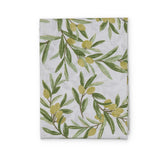 Madras Link Sicilian Olive Tablecloth 150 x 230cm, top view of folded tablecloth with olive branch pattern on white background