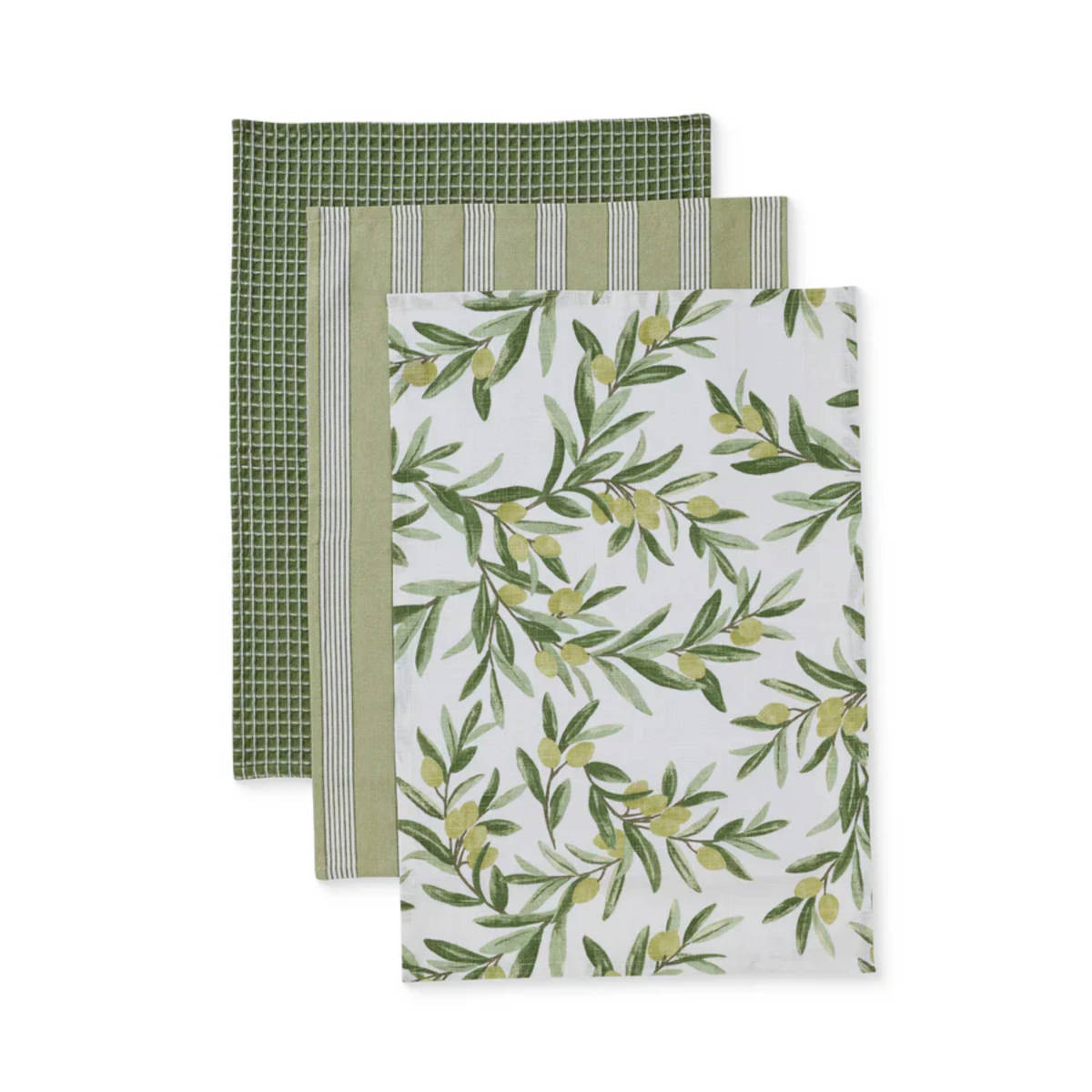Madras Link Sicilian Olive Tea Towel Pack of 3 with olive branch pattern in green tones