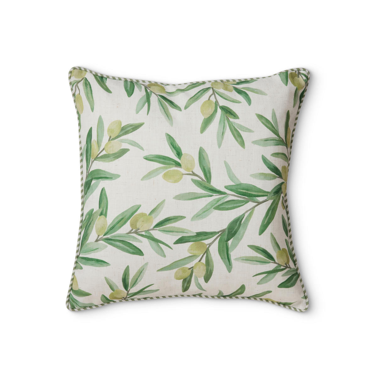 Madras Link Sicilian Printed Olive Cushion 50cm, front view of square cushion with olive branch print and piped edges on white background