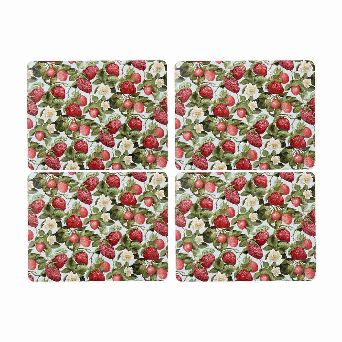 Madras Link Strawberry Field Rectangle Placemat Set of 4, top view of four rectangular placemats with strawberry and floral print on white background