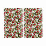 Madras Link Strawberry Field Rectangle Placemat Set of 4, top view of four rectangular placemats with strawberry and floral print on white background