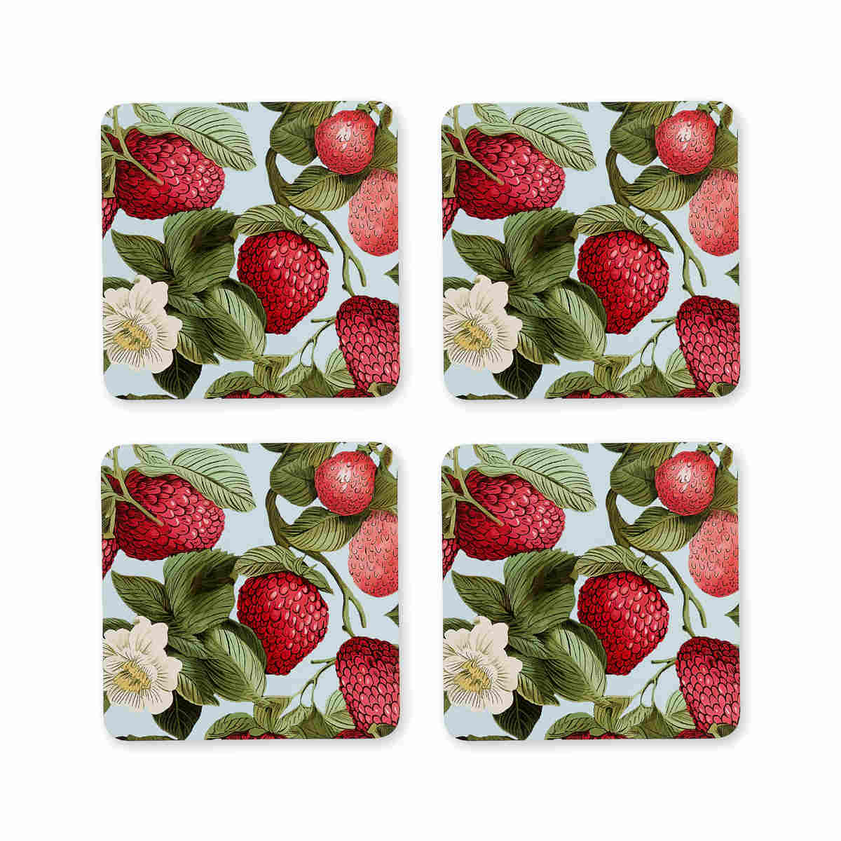 Madras Link Strawberry Field Square Coaster Set of 4, top view of four square coasters with strawberry and floral print on white background