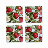 Madras Link Strawberry Field Square Coaster Set of 4, top view of four square coasters with strawberry and floral print on white background